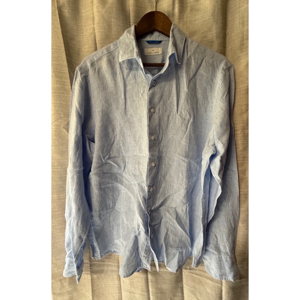 NWOT Toscano Firenze Mens Linen Button Down Shirt Long Sleeve Light Blue Casual